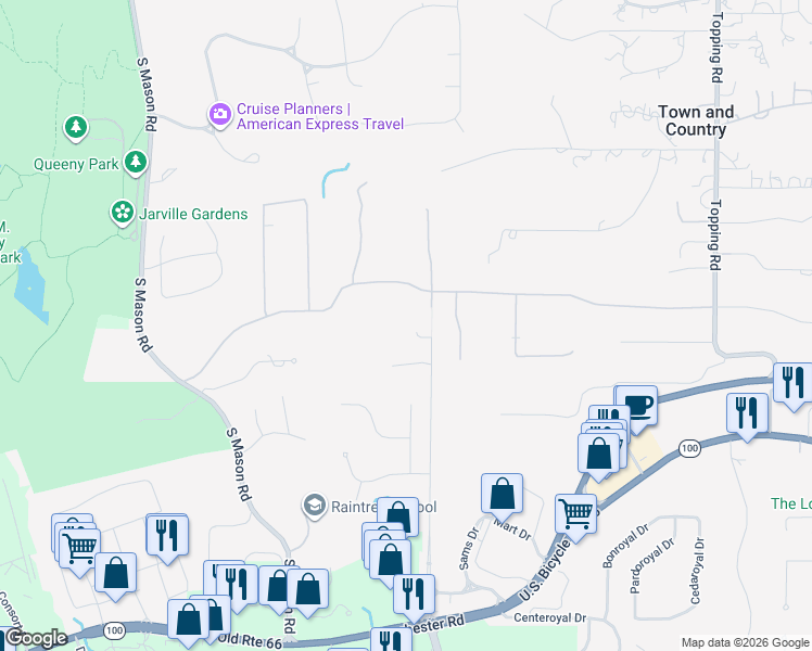 map of restaurants, bars, coffee shops, grocery stores, and more near 13218 Lochenheath Court in St. Louis