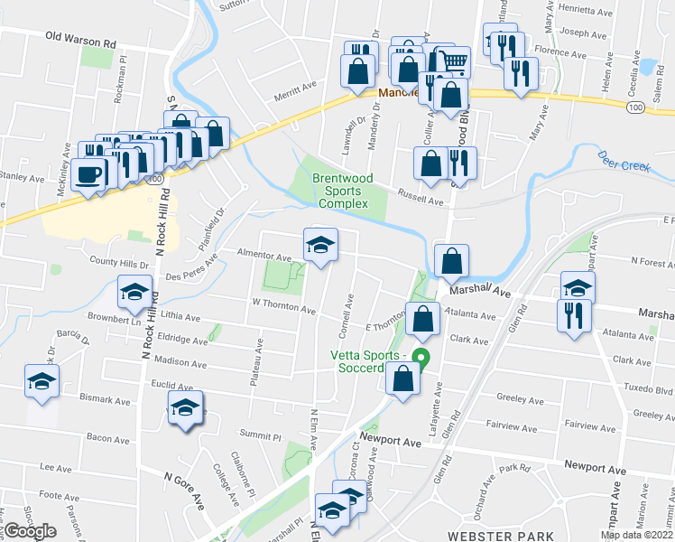 map of restaurants, bars, coffee shops, grocery stores, and more near 910 North Elm Avenue in Webster Groves