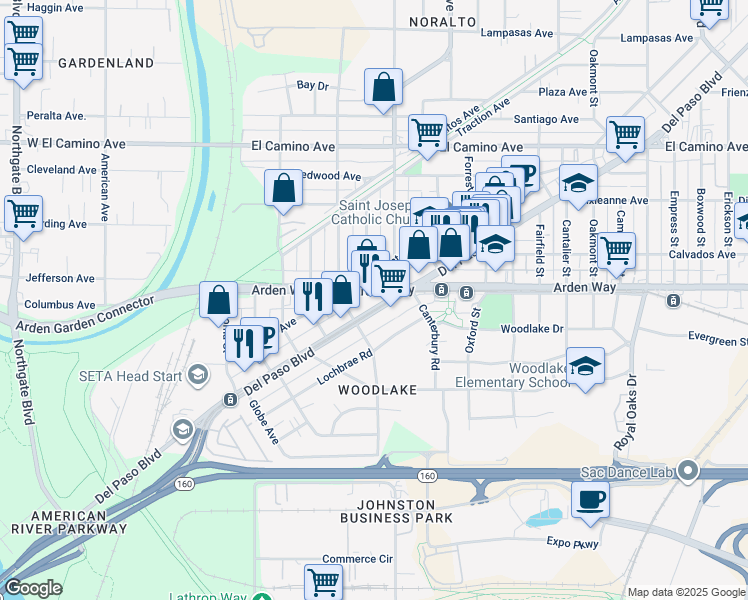 map of restaurants, bars, coffee shops, grocery stores, and more near 1401 Del Paso Boulevard in Sacramento