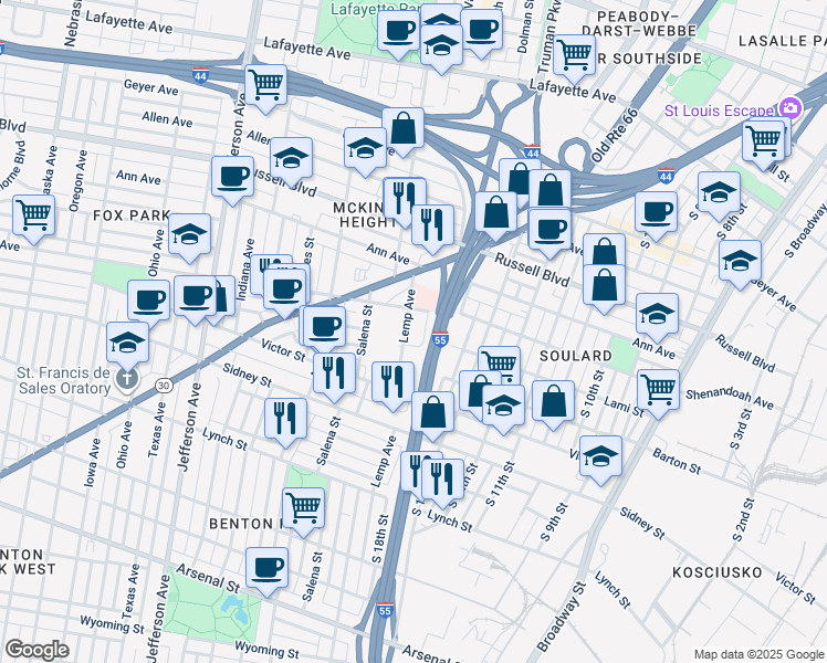 map of restaurants, bars, coffee shops, grocery stores, and more near 1825 Lami Street in St. Louis