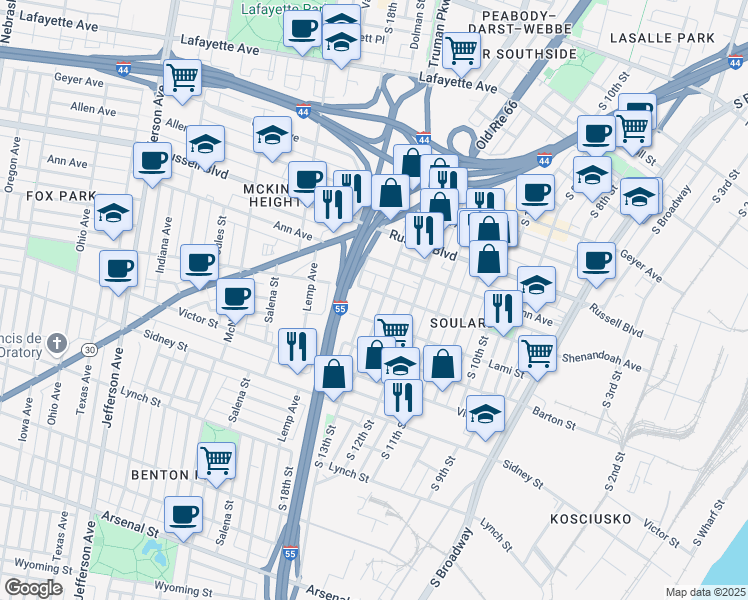 map of restaurants, bars, coffee shops, grocery stores, and more near 2307 South 13th Street in St. Louis