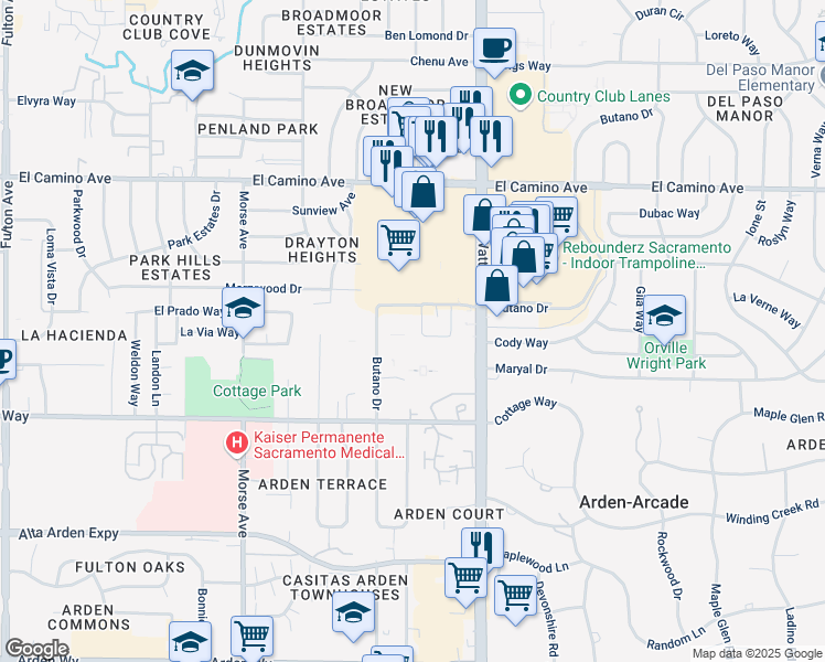 map of restaurants, bars, coffee shops, grocery stores, and more near 2211 Park Towne Circle in Sacramento