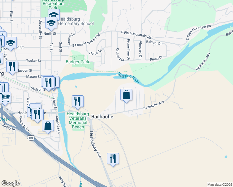 map of restaurants, bars, coffee shops, grocery stores, and more near 201 Bailhache Avenue in Healdsburg