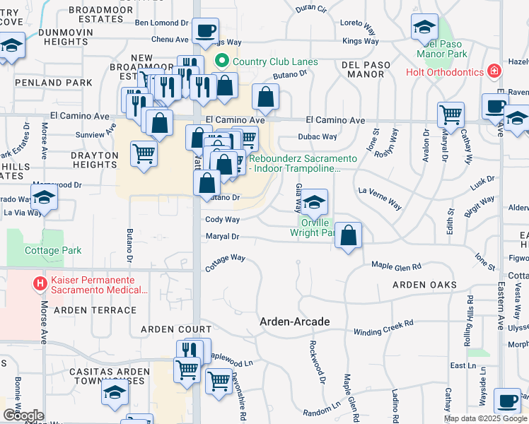 map of restaurants, bars, coffee shops, grocery stores, and more near 3719 Atwater Road in Sacramento