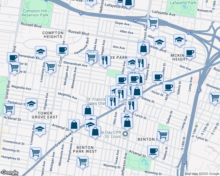 map of restaurants, bars, coffee shops, grocery stores, and more near 2617 Iowa Avenue in St. Louis