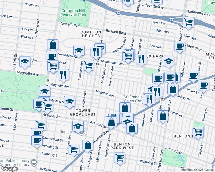 map of restaurants, bars, coffee shops, grocery stores, and more near 2651 Minnesota Avenue in St. Louis