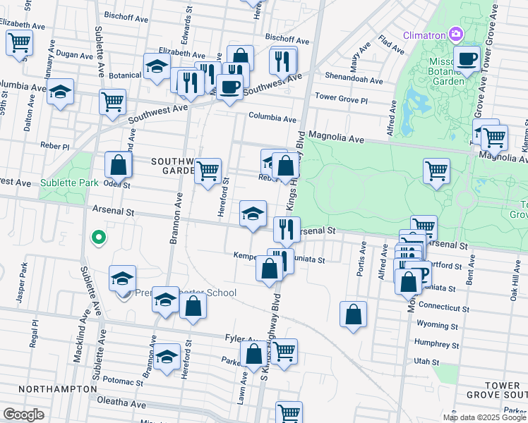 map of restaurants, bars, coffee shops, grocery stores, and more near 2927 South Kingshighway Boulevard in St. Louis