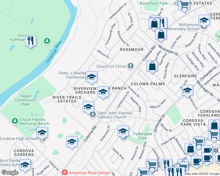 map of restaurants, bars, coffee shops, grocery stores, and more near 2332 Mills Ranch Way in Rancho Cordova