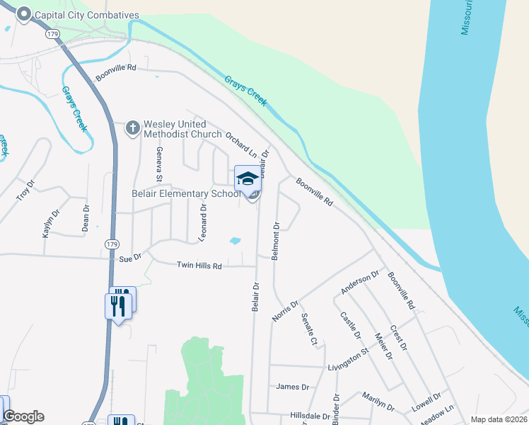 map of restaurants, bars, coffee shops, grocery stores, and more near 619-701 Belair Drive in Jefferson City