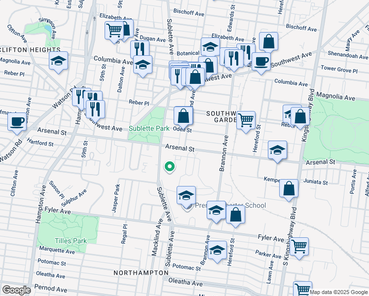 map of restaurants, bars, coffee shops, grocery stores, and more near Arsenal St & Macklind Ave in St Louis