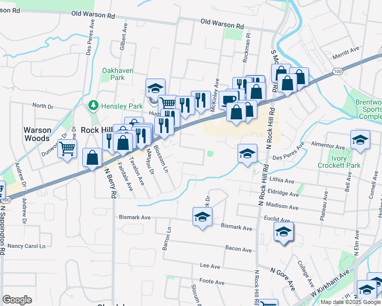 map of restaurants, bars, coffee shops, grocery stores, and more near 9709 Greenwood Terrace in St. Louis