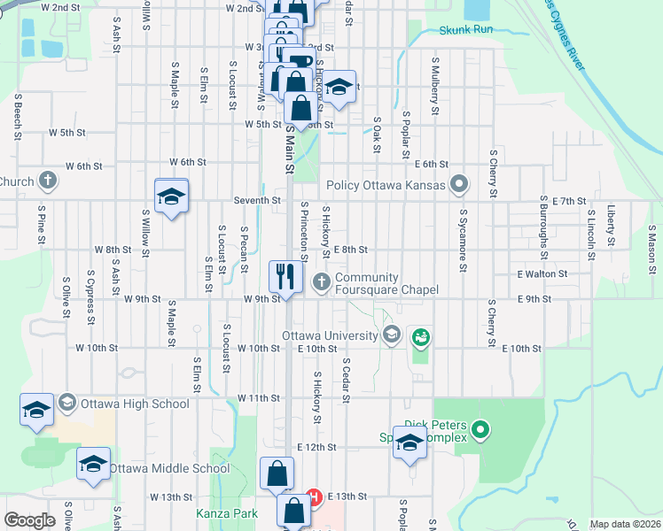 map of restaurants, bars, coffee shops, grocery stores, and more near 831 South Hickory Street in Ottawa