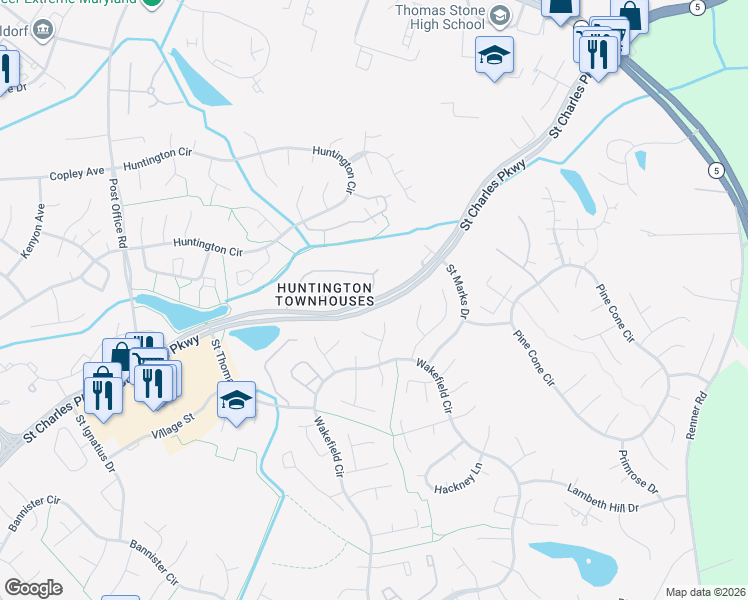 map of restaurants, bars, coffee shops, grocery stores, and more near 3935 St Charles Pkwy in Waldorf