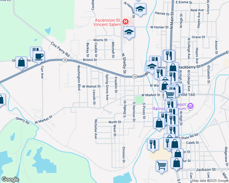 map of restaurants, bars, coffee shops, grocery stores, and more near 112 Franklin Street in Salem