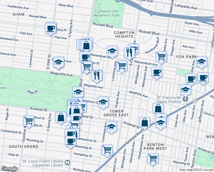 map of restaurants, bars, coffee shops, grocery stores, and more near 3415 Magnolia Avenue in Saint Louis