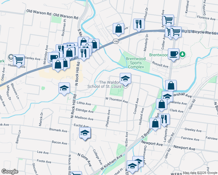 map of restaurants, bars, coffee shops, grocery stores, and more near 106 Almentor Avenue in Webster Groves
