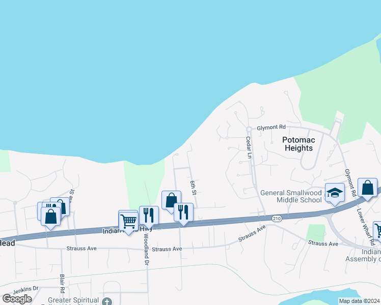 map of restaurants, bars, coffee shops, grocery stores, and more near 26 6th Street in Indian Head
