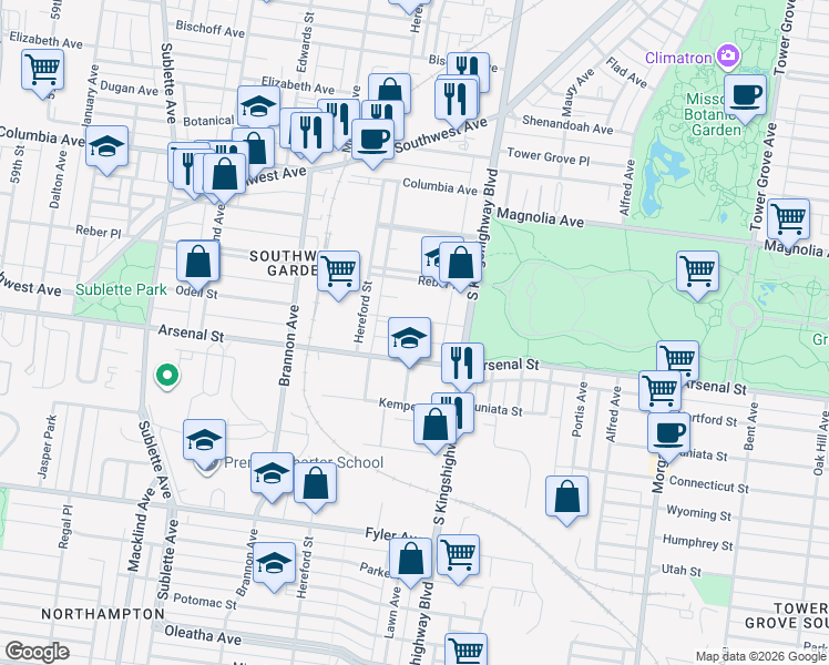 map of restaurants, bars, coffee shops, grocery stores, and more near 4959 Arsenal Street in St. Louis
