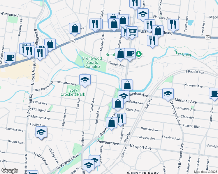map of restaurants, bars, coffee shops, grocery stores, and more near 147 Willis Avenue in Webster Groves