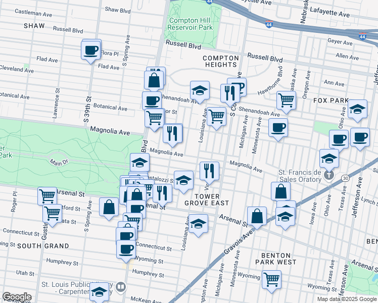 map of restaurants, bars, coffee shops, grocery stores, and more near 3400 Magnolia Avenue in St. Louis