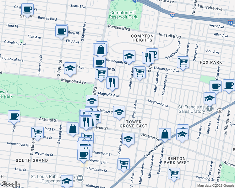 map of restaurants, bars, coffee shops, grocery stores, and more near 3438 Magnolia Avenue in St. Louis