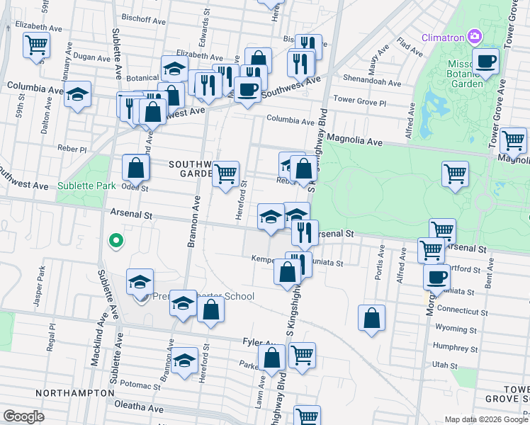 map of restaurants, bars, coffee shops, grocery stores, and more near 4959 Arsenal Street in St. Louis