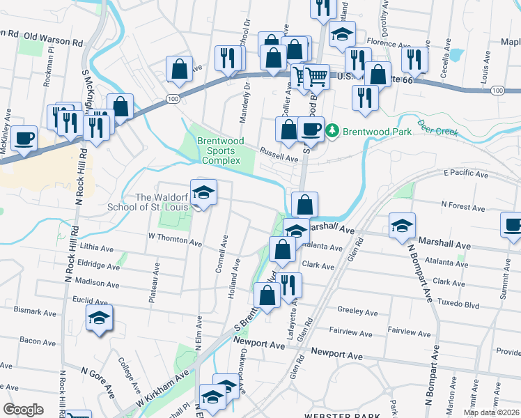 map of restaurants, bars, coffee shops, grocery stores, and more near 147 Willis Avenue in Webster Groves