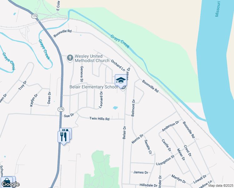 map of restaurants, bars, coffee shops, grocery stores, and more near 701 Belair Drive in Jefferson City