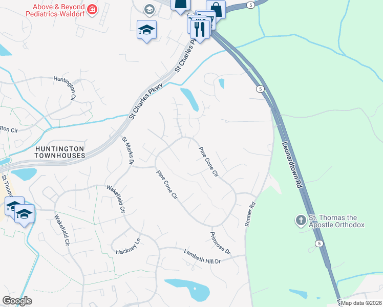 map of restaurants, bars, coffee shops, grocery stores, and more near 3442 Tulip Tree Court in Waldorf