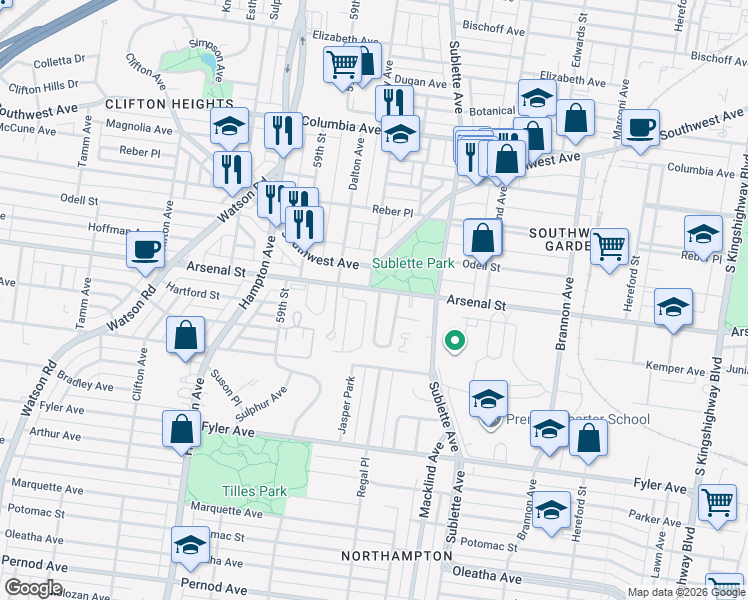 map of restaurants, bars, coffee shops, grocery stores, and more near 3131 Harlequin Lane in St. Louis
