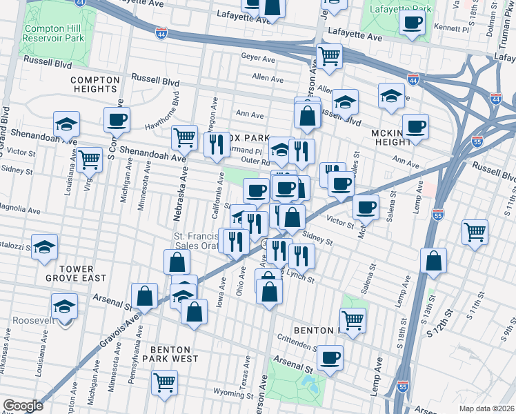 map of restaurants, bars, coffee shops, grocery stores, and more near 2500 Ohio Avenue in St. Louis