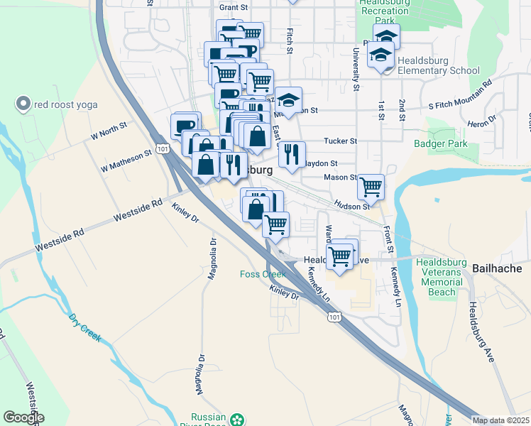 map of restaurants, bars, coffee shops, grocery stores, and more near 201 Exchange Ave in Healdsburg