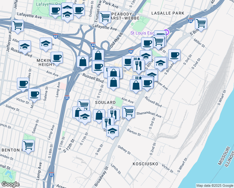 map of restaurants, bars, coffee shops, grocery stores, and more near 901 Shenandoah Avenue in St. Louis