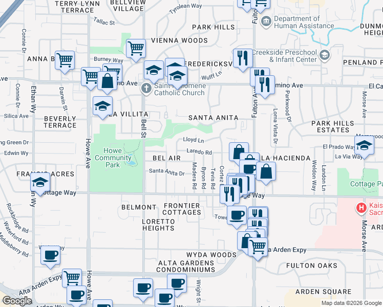 map of restaurants, bars, coffee shops, grocery stores, and more near 2360 Lansing Way in Sacramento