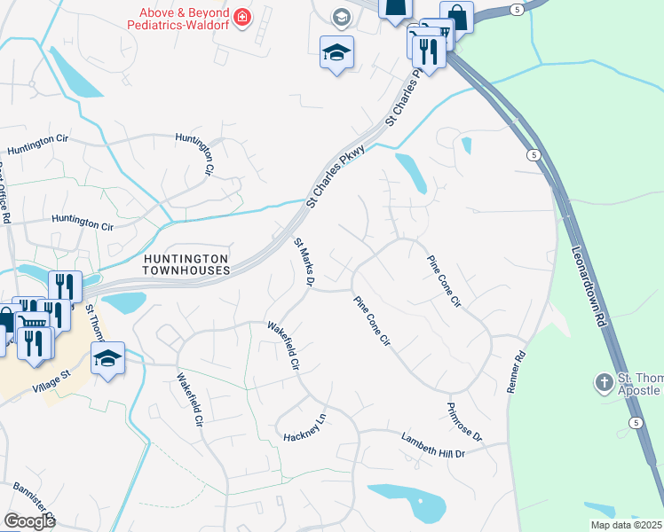 map of restaurants, bars, coffee shops, grocery stores, and more near 3931 Wintergreen Place in Waldorf