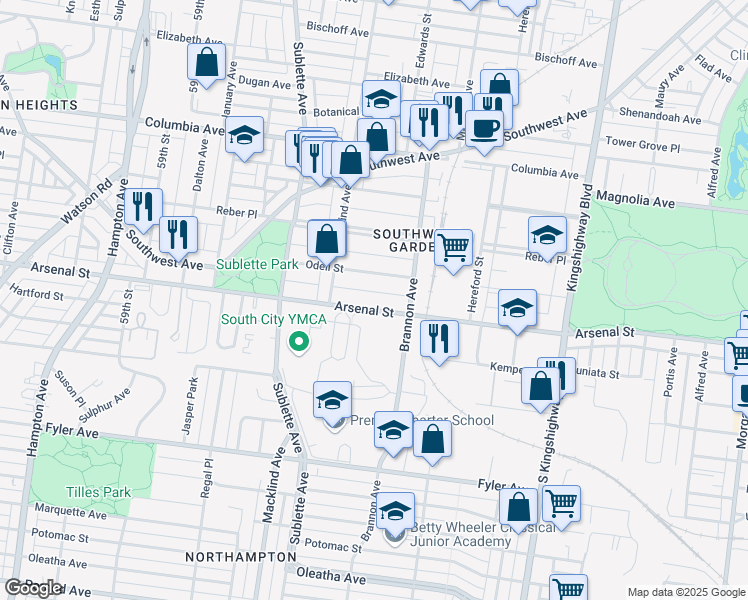 map of restaurants, bars, coffee shops, grocery stores, and more near 5341 Arsenal Street in St. Louis