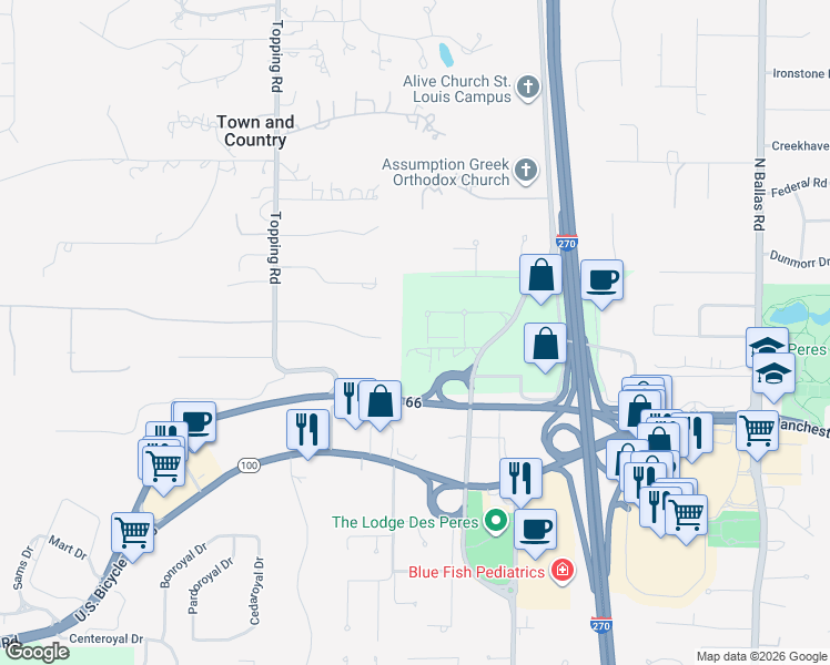map of restaurants, bars, coffee shops, grocery stores, and more near 12826 Daylight Circle in St. Louis