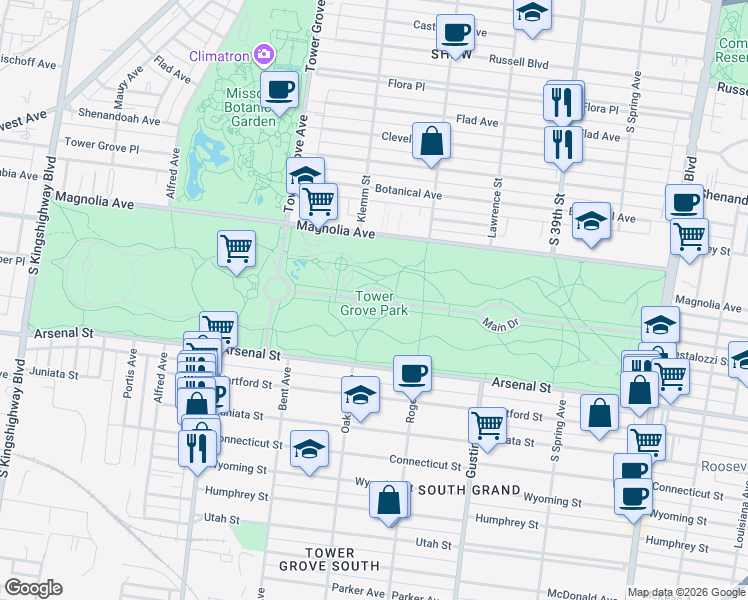 map of restaurants, bars, coffee shops, grocery stores, and more near 4257 Northeast Drive in St. Louis