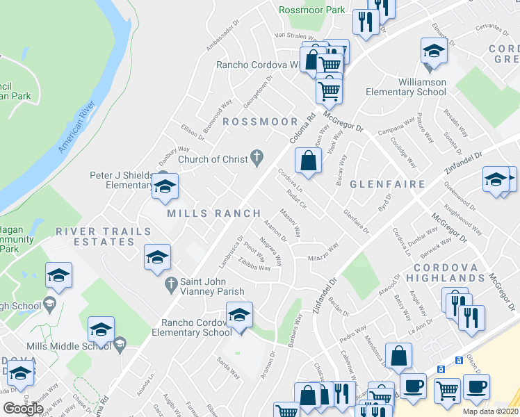map of restaurants, bars, coffee shops, grocery stores, and more near 2331 Aramon Drive in Rancho Cordova
