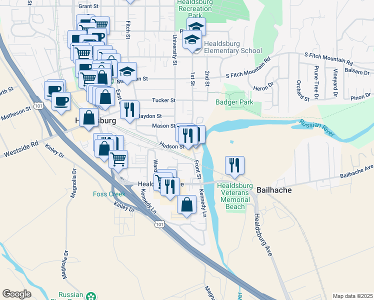 map of restaurants, bars, coffee shops, grocery stores, and more near 31 Front Street in Healdsburg