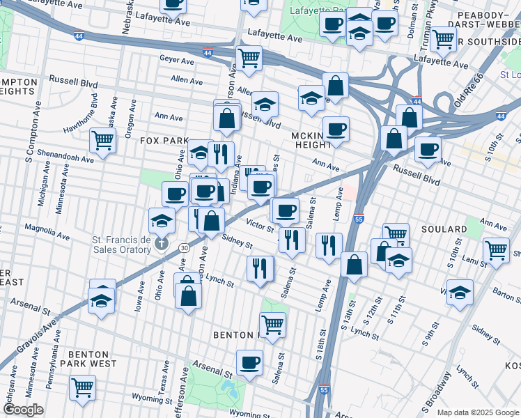 map of restaurants, bars, coffee shops, grocery stores, and more near 2123 Victor Street in St. Louis