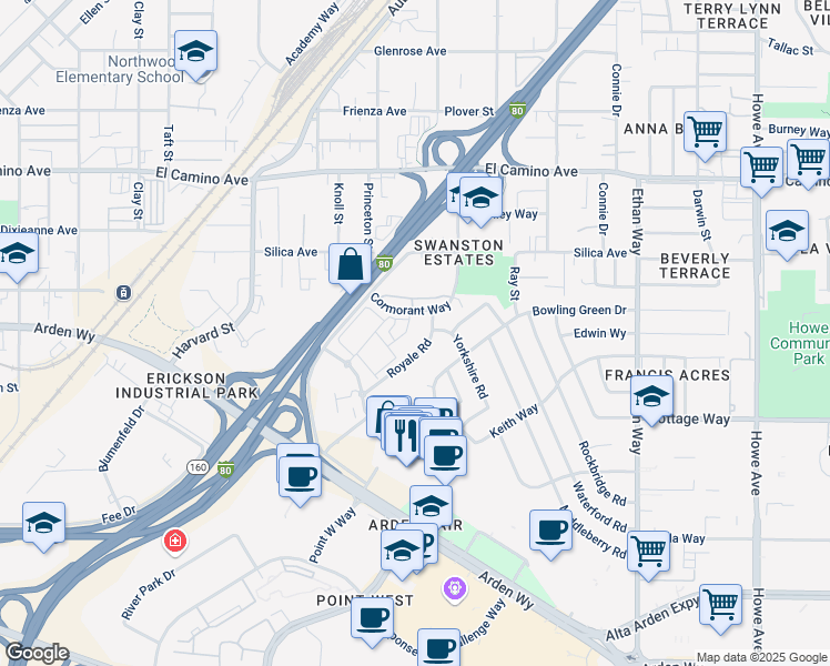 map of restaurants, bars, coffee shops, grocery stores, and more near 2240 Royale Road in Sacramento