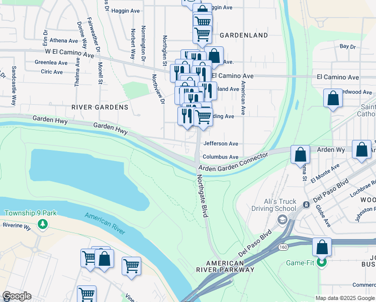 map of restaurants, bars, coffee shops, grocery stores, and more near 285 Arden Garden Connector in Sacramento
