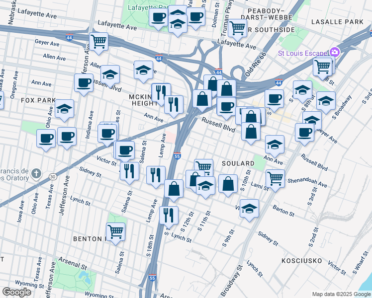 map of restaurants, bars, coffee shops, grocery stores, and more near 1322 Lami Street in St. Louis