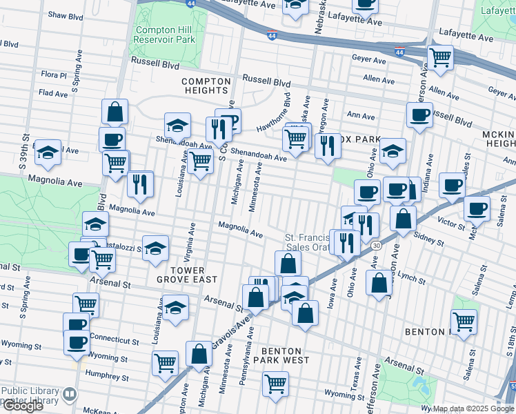 map of restaurants, bars, coffee shops, grocery stores, and more near 2651 Minnesota Avenue in St. Louis