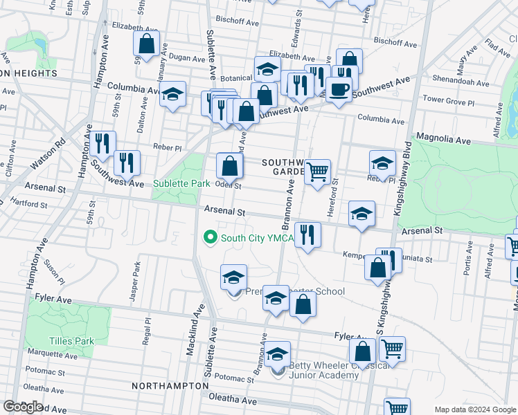 map of restaurants, bars, coffee shops, grocery stores, and more near 5341 Arsenal Street in St. Louis