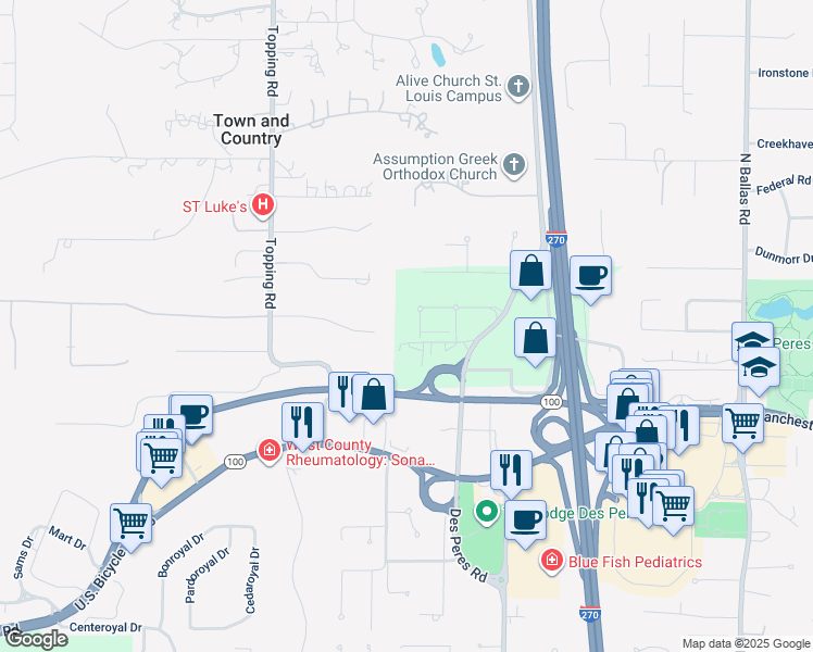 map of restaurants, bars, coffee shops, grocery stores, and more near 12826 Daylight Circle in St. Louis