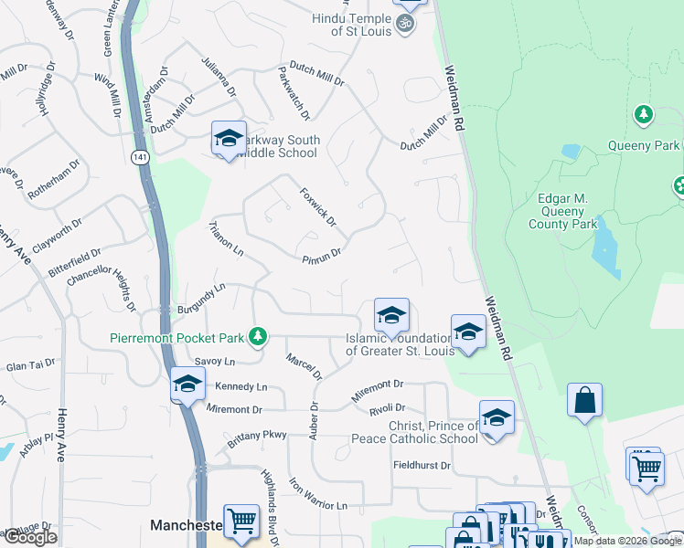 map of restaurants, bars, coffee shops, grocery stores, and more near 805 Gaillard Court in Ballwin
