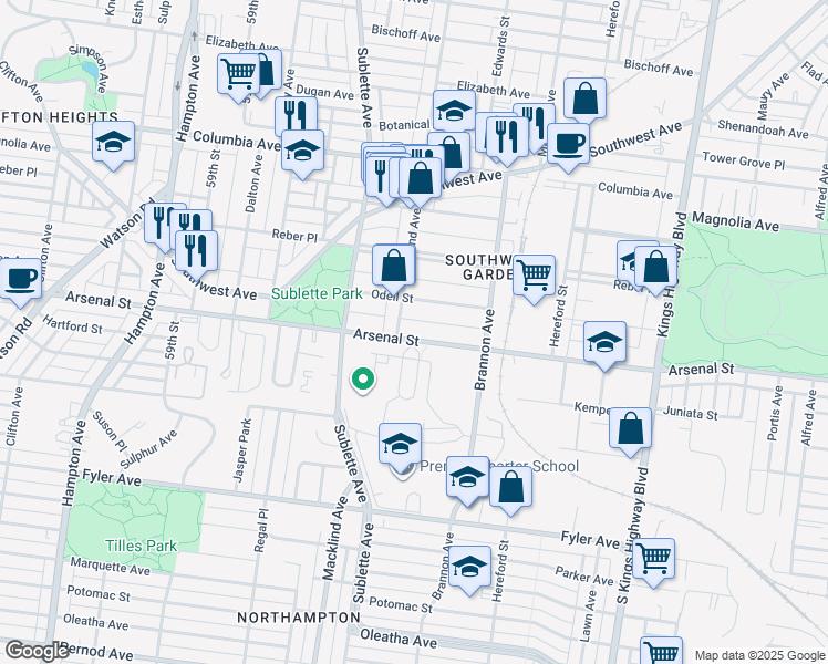 map of restaurants, bars, coffee shops, grocery stores, and more near 5375 Arsenal Street in St. Louis