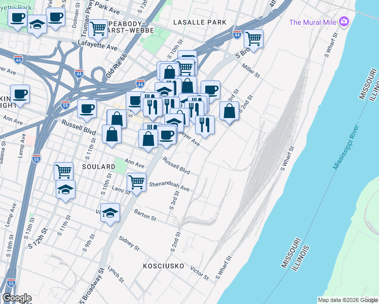 map of restaurants, bars, coffee shops, grocery stores, and more near 1923 South 3rd Street in St. Louis